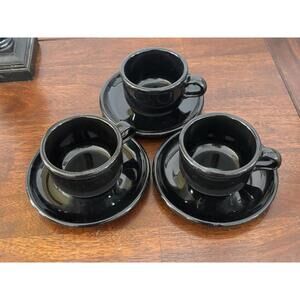 Vintage Waechtersbach West Germany Set of 3 Black Mugs Cups and Saucers